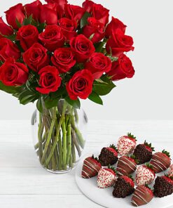 Two dozen long stemmed red roses arrangement and Strawberries